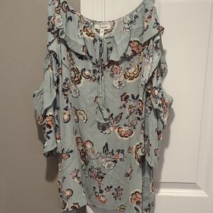 Maurices Floral Ruffle Cold Shoulder Blouse - Blue and Pink